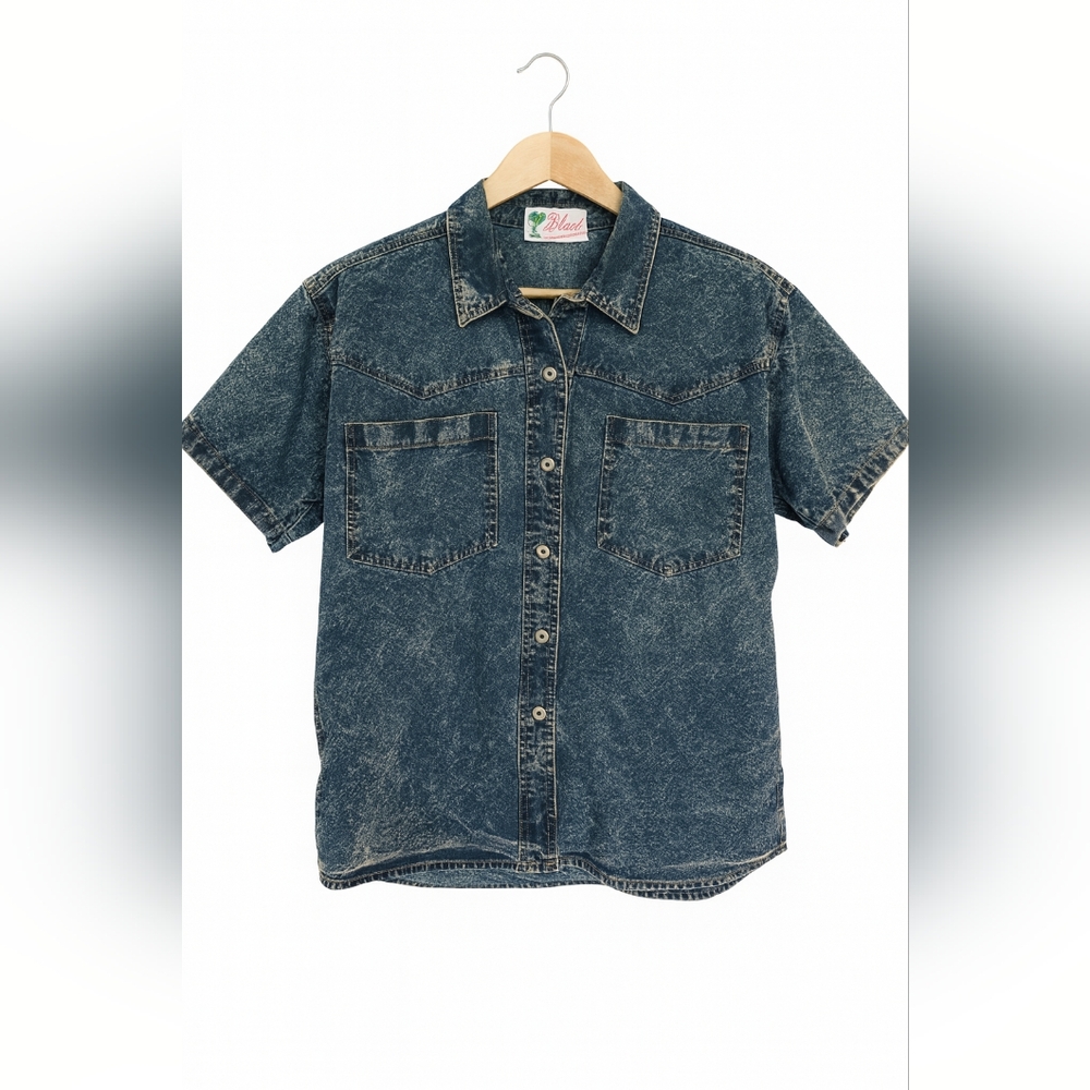 Vintage Acid Wash Denim Shirt – Short Sleeve Button Down – Retro 80s/90s Style